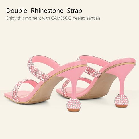 CAMSSOO Women's Rhinestones Heels Sandals Square Open Toe Strappy Slip On Mules Dress Sexy Fashion Wedding Backless Stilettos Heeled Slippers in Saudi Arabia