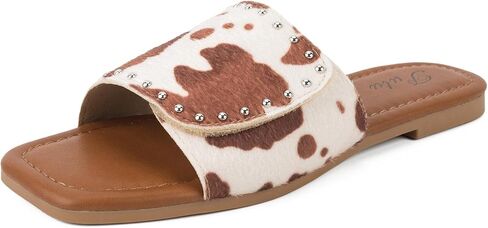 Putu Women's Flat Sandals Studded Slide Sandals Animal Print Western Sandals in Saudi Arabia