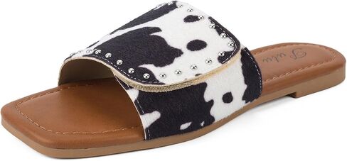 Putu Women's Flat Sandals Studded Slide Sandals Animal Print Western Sandals in Saudi Arabia