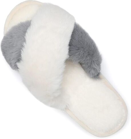 Women's Fluffy Slippers Cross Band Bedroom Slippers with Memory Foam Fuzzy House Open Toe Shoes Comfy Indoor Outdoor Anti-Skid Sole in Saudi Arabia