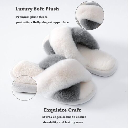 Women's Fluffy Slippers Cross Band Bedroom Slippers with Memory Foam Fuzzy House Open Toe Shoes Comfy Indoor Outdoor Anti-Skid Sole in Saudi Arabia