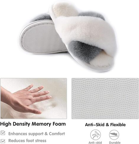 Women's Fluffy Slippers Cross Band Bedroom Slippers with Memory Foam Fuzzy House Open Toe Shoes Comfy Indoor Outdoor Anti-Skid Sole in Saudi Arabia