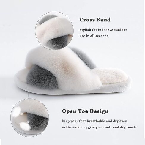 Women's Fluffy Slippers Cross Band Bedroom Slippers with Memory Foam Fuzzy House Open Toe Shoes Comfy Indoor Outdoor Anti-Skid Sole in Saudi Arabia