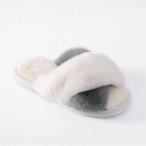 Women's Fluffy Slippers Cross Band Bedroom Slippers with Memory Foam Fuzzy House Open Toe Shoes Comfy Indoor Outdoor Anti-Skid Sole in Saudi Arabia