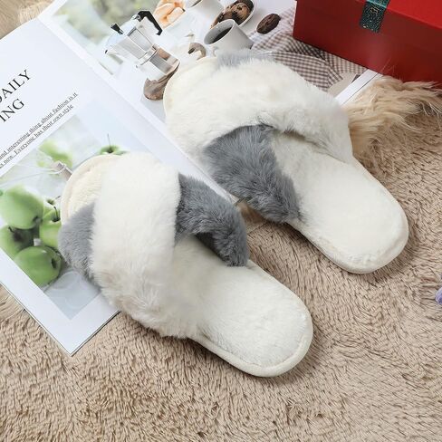 Women's Fluffy Slippers Cross Band Bedroom Slippers with Memory Foam Fuzzy House Open Toe Shoes Comfy Indoor Outdoor Anti-Skid Sole in Saudi Arabia