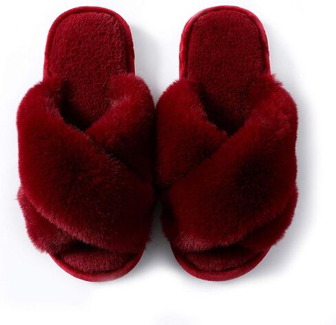 Women's Fluffy Slippers Cross Band Bedroom Slippers with Memory Foam Fuzzy House Open Toe Shoes Comfy Indoor Outdoor Anti-Skid Sole in Saudi Arabia