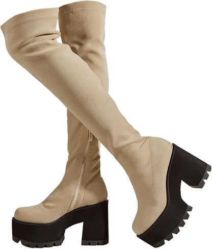 getmorebeauty Women Knee High Boots Chunky Heel Muffin Shoes Stretch Suede Round Toe Slip On Fashion Thigh High Boots in Saudi Arabia