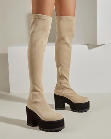 getmorebeauty Women Knee High Boots Chunky Heel Muffin Shoes Stretch Suede Round Toe Slip On Fashion Thigh High Boots in Saudi Arabia