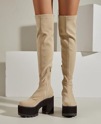 getmorebeauty Women Knee High Boots Chunky Heel Muffin Shoes Stretch Suede Round Toe Slip On Fashion Thigh High Boots in Saudi Arabia