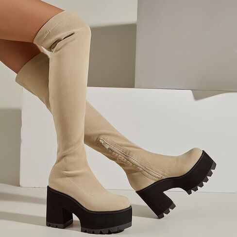 getmorebeauty Women Knee High Boots Chunky Heel Muffin Shoes Stretch Suede Round Toe Slip On Fashion Thigh High Boots in Saudi Arabia