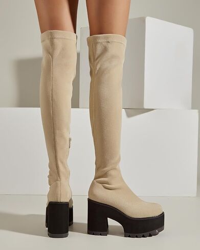 getmorebeauty Women Knee High Boots Chunky Heel Muffin Shoes Stretch Suede Round Toe Slip On Fashion Thigh High Boots in Saudi Arabia