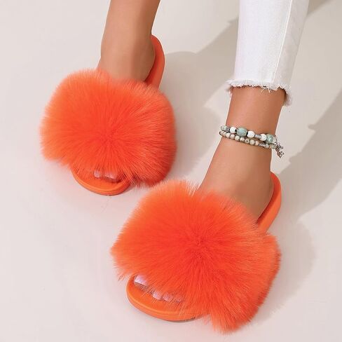 yamerbo Women's Furry Slides Fluffy Slippers Cute Open Toe Girls Sandals House Slides pantuflas para mujer in Saudi Arabia