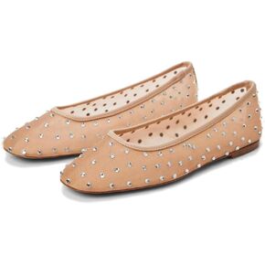 Crystal-Embellished Mesh Flats Women's Rhinestone Ballet Flat Slip On Ballerina Shoes Comfortable Casual Gauze Shoe