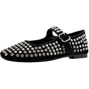 Rhinestone Ballet Flats for Women Gem Mary Jane Flats Comfortable Round Toe Ballerina Shoes Dancing Black