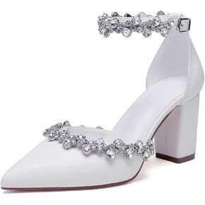 Block Heel Wedding Shoes for Bride Pointed Toe Rhinestones Bridal Shoes Wedding Heels