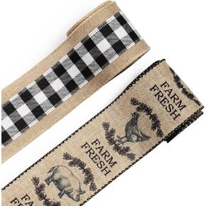 ABTOLS 2 Roll 10 Yards Farm Ribbons, 2.5" Rooster Wired Edge Burlap Ribbon Black White Buffalo Plaid Ribbon Farm Fresh Gift Wrapping Ribbon for Home Party Decor Gift DIY Crafts Wreaths Bow