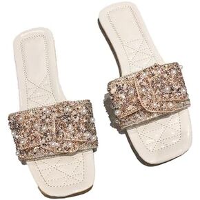 Women's Sparkle Pearl Square Open Toe Flat Sandals Dressy With Rhinestone Slip On Slippers Summer Casual Shoes