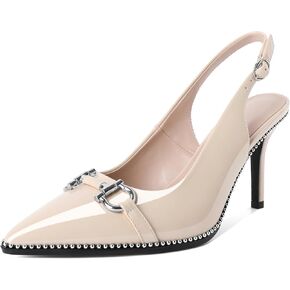 Soireelady Women Beaded Pumps High Heel Slingback Pointed Toe Slip On Stilettos Ankle Strap Adjustable Buckle 3.5 Inch Dress Shoes Patent Leather
