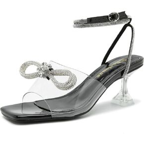 Enelauge Women's Double Bowknot Crystal Sandals Clear Slingback Low Heels Lace Up Square Toe Rhinstone Wedding Party Shoes 6cm