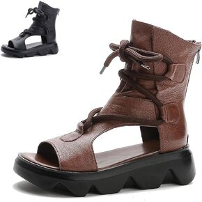 Women's Leather High Top Platform Sandals Vintage Casual Open Toe Lace Up Back Zipper Chunky Wedge Booties Comfortable Soft Sole Roman Sandals