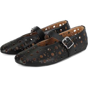 MICIFA Black Ballet Flats for Women Mesh Mary Jane Flats Womens Buckle Flats Shoes Round Toe Comfy Dressy Casual Office Summer Ballerina Flat Shoes