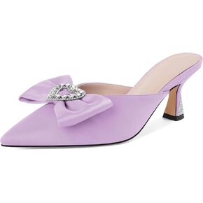 AUMOTED Women Kitten Heel Mules Rhinestone Bow Sandals Pointed Toe Heeled Mule Slip On Low Heels Slipper Glitter Mesh Wedding Bridal Shoes 2.5 Inch