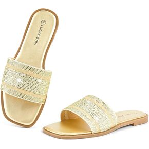 LUCKY STEP Women's Rhinestone Flat Sandals Square Open Toe Sparkly Glitter Fashion Braided Slide Sandals Summer