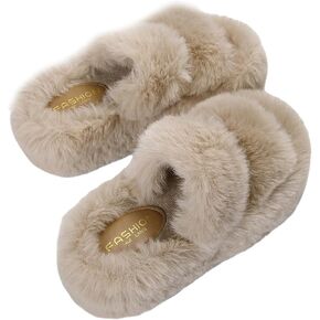 Verdusa Women's Furry Open Toe House Slide Double Straps Comfy Indoor Slippers