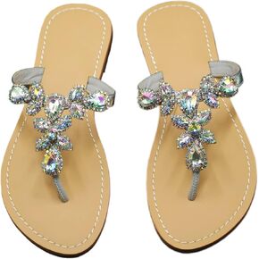 Women Sparkly Jeweled Thong Boho Sandals Bling Rhinestone Flip Flops with Crystal Diamond Flat Fancy Sandalias Gem Bohemian Beach Wedding Sandals Shoes