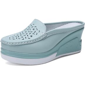 Women's Leather Hollow Platform Increase Height Mules,Comfortable Slip On Elegant Wedge Walking Sandals Closed Toe Backless Fashion Casual Breathable Beach Slippers