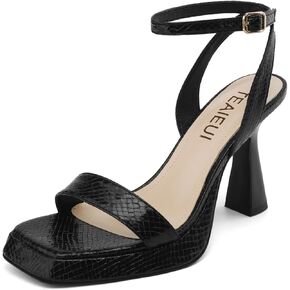 Wide Platform Heels for Women Strappy Heels Square Toe Sandals Metallic Snakeskin Chunky Flare Heels Ankle Strap Shoes
