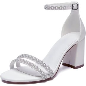 Block Heel Wedding Sandals Pearl Bridal Shoes Open Toe Wedding Shoes Bride heels