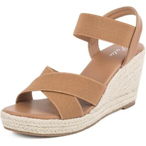 Putu Women's Espadrilles Wedge Sandals Elastic Ankle Strap Platform Sandals Open Toe Criss-cross Wedge Sandals Brown Size 8