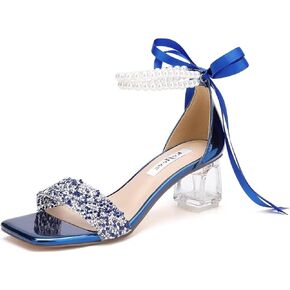 Low Block Heel Wedding Shoes for Bride Clear Heel Sandals Sequin Bridal Shoes Pearl Heels