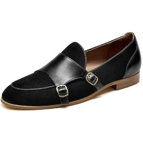 BEAU TODAY Loafers for Womens, Monk Strap Womens Leather Shoes, Comfort Office Business Ladies Casual Slip-On, Double Buckles Deign Flat