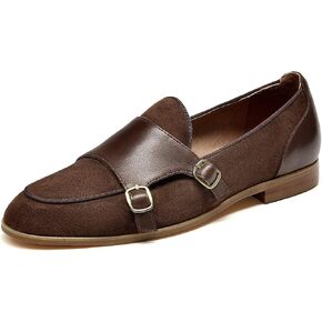 BEAU TODAY Loafers for Womens, Monk Strap Womens Leather Shoes, Comfort Office Business Ladies Casual Slip-On, Double Buckles Deign Flat
