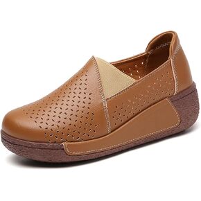 Women's Round Toe Platform Wedge Slip On Loafers, Comfortable Genuine Leather Moccasin Low Top Casual Cutout Loafers.