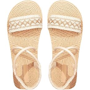 Floerns Women's Round Open Toe Straw Flat Sandals Cross Ankle Straps Beach Sandals