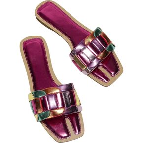 Verdusa Women's Open Toe Color Block Sandals Slip on Metallic Outdoor Slides