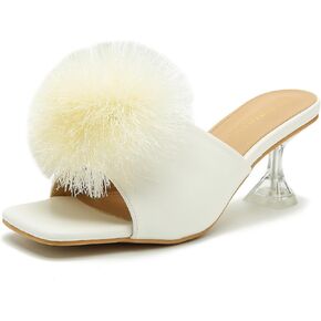 LIURUIJIA شبشب نسائي منفوش من ريش بوم بوم بكعب مفتوح عند الأصابع وكعب عالٍ وكعب منتفخ وحفلات الزفاف وصنادل غامضة للنساء in Kuwait