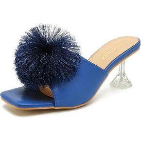 LIURUIJIA Women's Fluffy Pom Pom Feather Slipper Open Toe Heels High Heeled Mule Puff Pompom Dress Party Wedding Sandals Fuzzy Slippers for Women