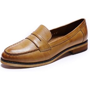Mona flying Women's Leather Penny Loafer Casual Flat Shoes for Women Ladies