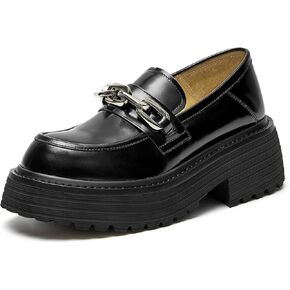BEAU TODAY Womens Platform Loafers, Chunky Leather Loafers for Women, Chunky Heel Lug Sole Loafers with Metal Chain Casual Comfortable Slip-on Business Work Shoes with Round Toe