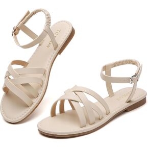 Tilocow Woven Women Flat Sandals Round Toe Buckle Slides Cross Strappy Casual Shoes for Summer