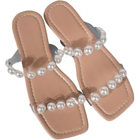GORGLITTER Women's Pearl Clear Sandals Two Strap Summer Open Toe Slides Sandals