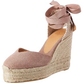 حذاء Espadrille نسائي من Castañer بكعب Chiara Ecru منقوش باللون الرمادي مع إغلاق فيونكة وارتفاع 11 سم | الحجم 39