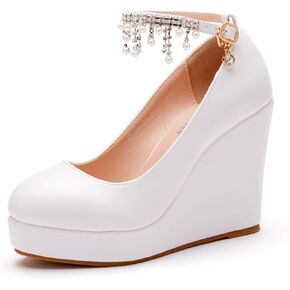 11CM White Bridal Wedding Shoes Platform Wedges Pumps Round Toe Platform High Heels Tassel Chain Pumps W1L