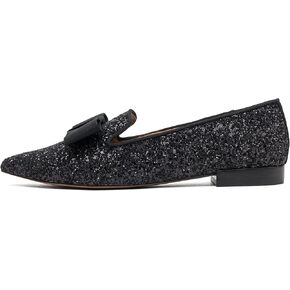 Linea Paolo - Melrose - Womens Vegan Friendly Glitter and Grosgrain Bow Smoking Slipper Flat