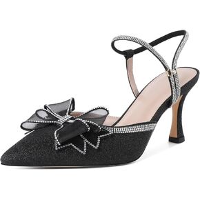 Eldof Women's Heels with Bow Sparkly Rhinestone Closed Pointed Toe Ankle Strap Stiletto Heel Pumps 3 Inches