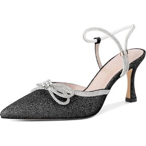 Eldof Women's Heels with Bow Sparkly Rhinestone Closed Pointed Toe Ankle Strap Stiletto Heel Pumps 3 Inches in Kuwait